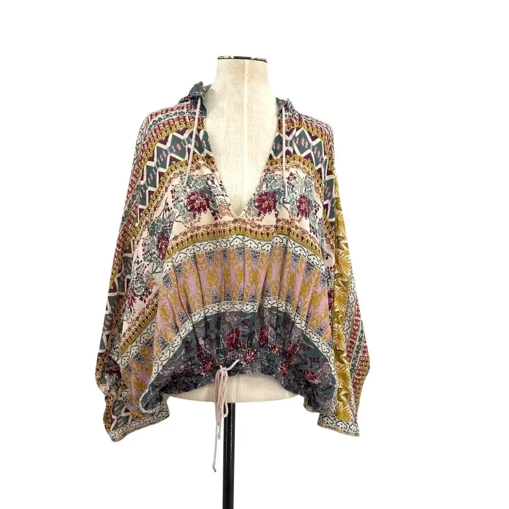 Free People Hold On Tight Gauze Pullover‎ Top Hooded Floral Paisley XS Small